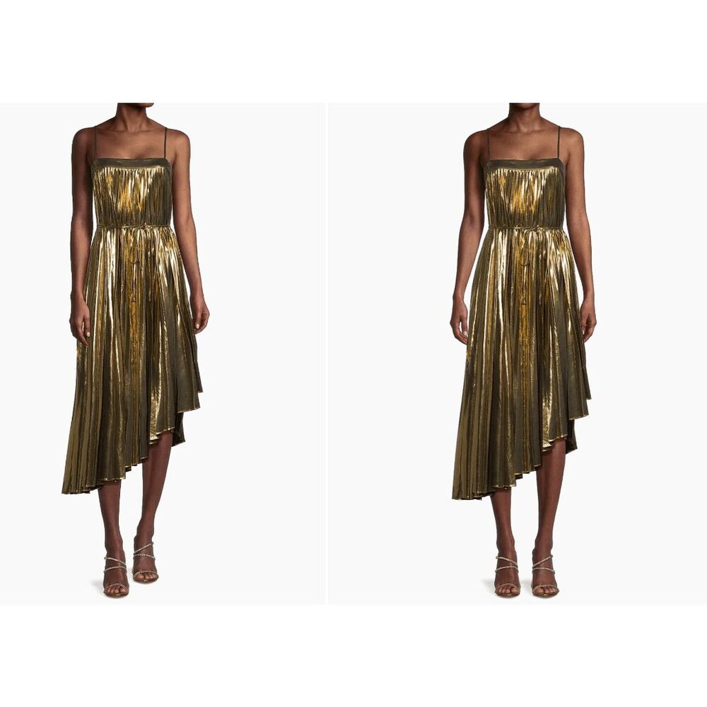 Milly Gold metallic Pleated Midi Dress Sz 10